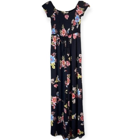 Band  of Gypsies Black Floral Print Smocked Wide Leg Jumpsuit Romper Pockets Sm - Picture 1 of 10